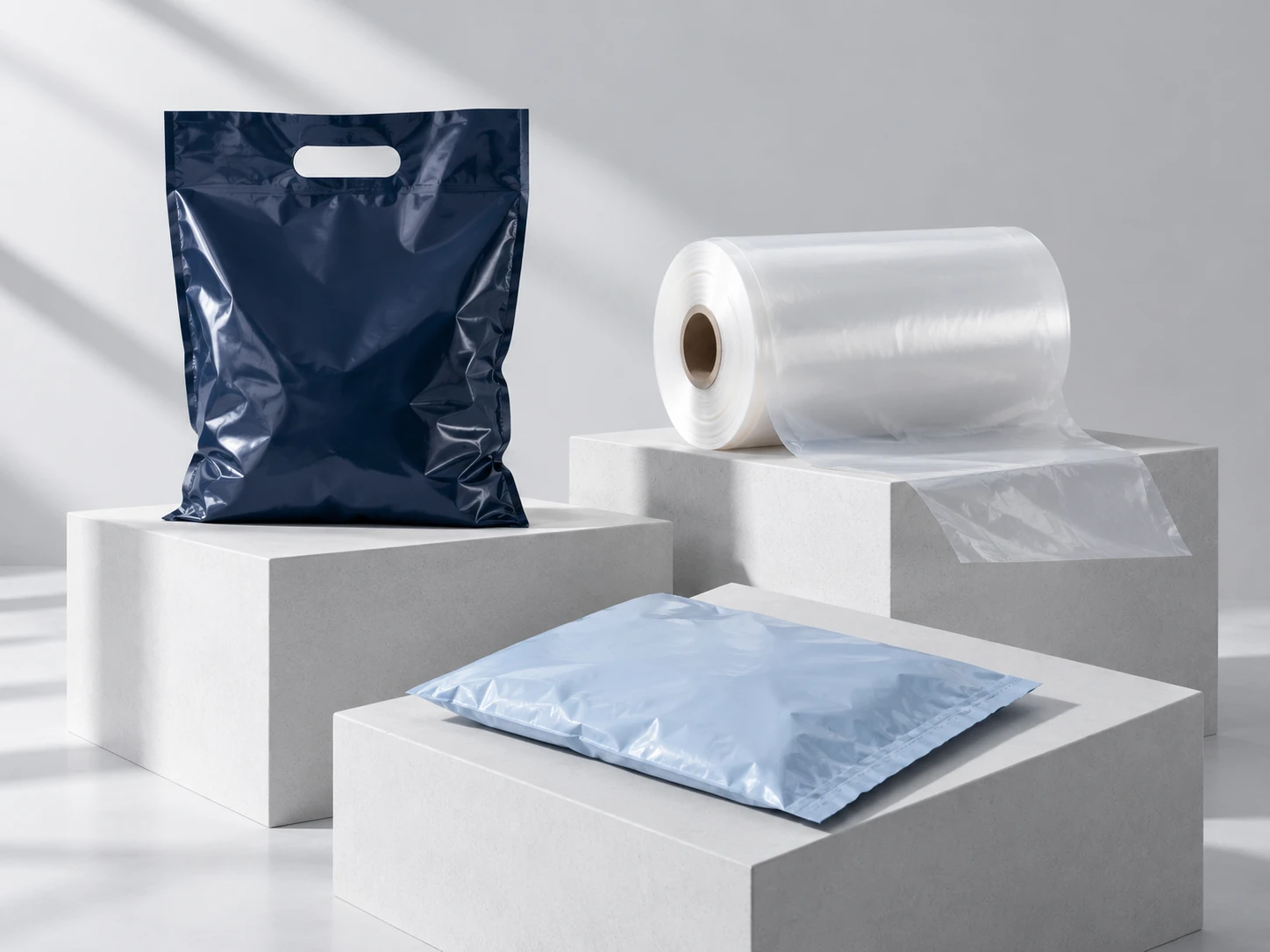 Unprinted plastic bags and a film roll
